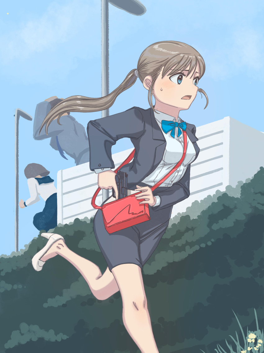 1other, 2girls, absurdres, bag, blue_bow, blue_bowtie, blue_eyes, blue_sky