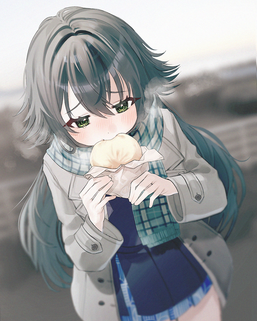 1girl, baozi, blue_overskirt, blue_skirt, blue_vest, blush, coat, commentary_request, eating, food, gakuen_idolmaster, green_eyes, green_hair, green_scarf, grey_coat, hair_flaps, hatsuboshi_gakuen_school_uniform, highres, holding, holding_food, idolmaster, long_hair, open_clothes, open_coat, pleated_skirt, scarf, school_uniform, skirt, skirt_set, solo, steam, tsukimura_temari, ume_(yuuki-110813), very_long_hair, vest