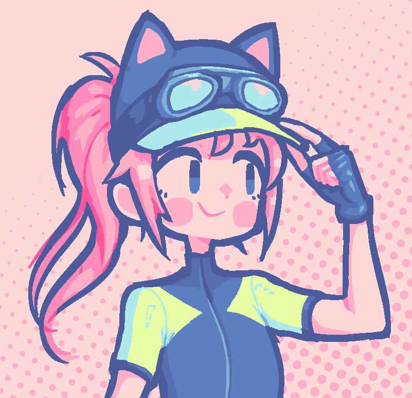 1girl, adjusting_clothes, adjusting_headwear, biker_clothes, bikesuit, black_gloves, blue_eyes, blue_hat, blue_shirt, bodysuit, closed_mouth, commentary, english_commentary, fingerless_gloves, gloves, goggles, goggles_on_headwear, hat, long_hair, looking_to_the_side, pink_background, pink_hair, polka_dot, polka_dot_background, ponytail, purpienamako, shirt, short_sleeves, sidelocks, smile, solo, steam_(platform), steam_delivery_girl, two-tone_shirt, upper_body, yellow_shirt