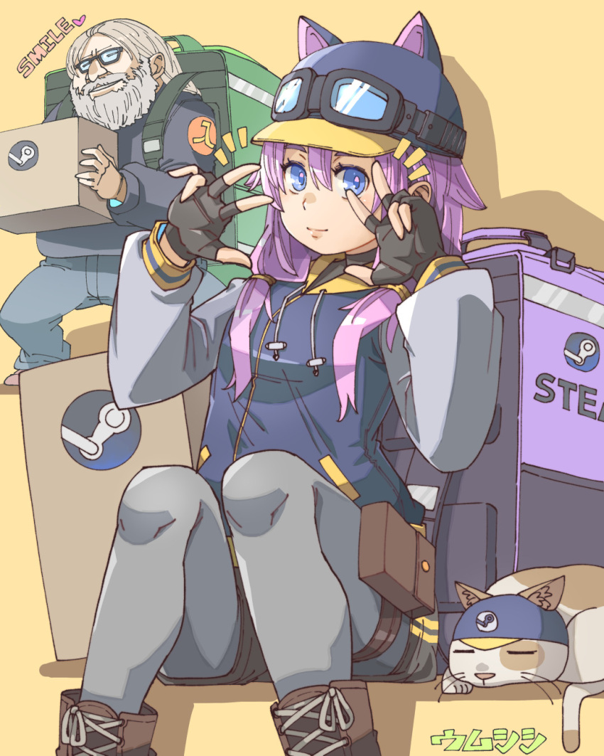 1boy, 1girl, animal_hat, artist_name, baseball_cap, black_gloves, blue_eyes, blue_hat