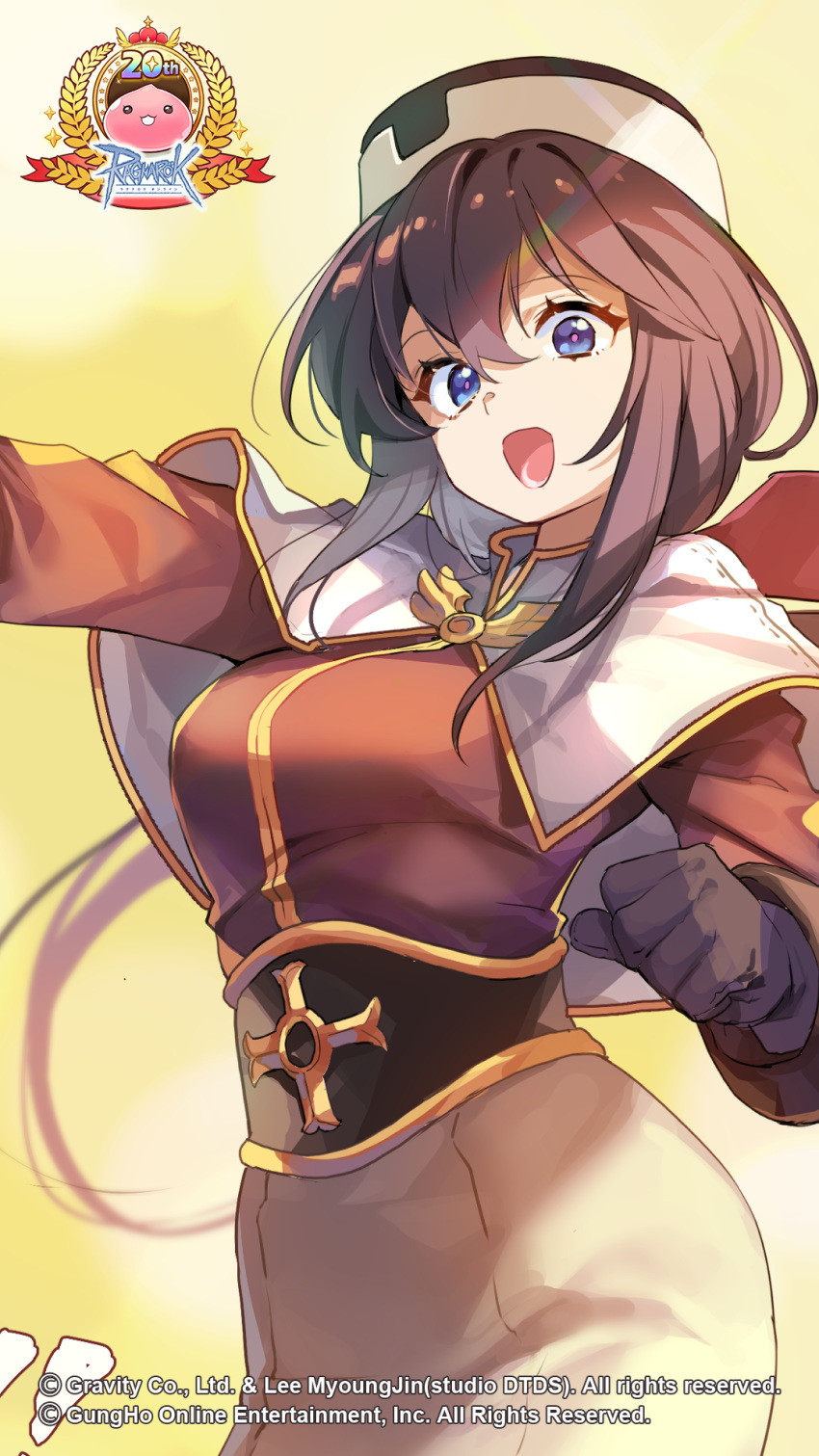 1girl, acolyte_(ragnarok_online), anniversary, biretta, blue_eyes, bongbong_(gravity), breasts, brown_gloves