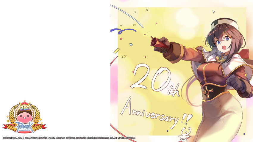 1girl, acolyte_(ragnarok_online), anniversary, biretta, blue_eyes, bongbong_(gravity), breasts, brown_gloves