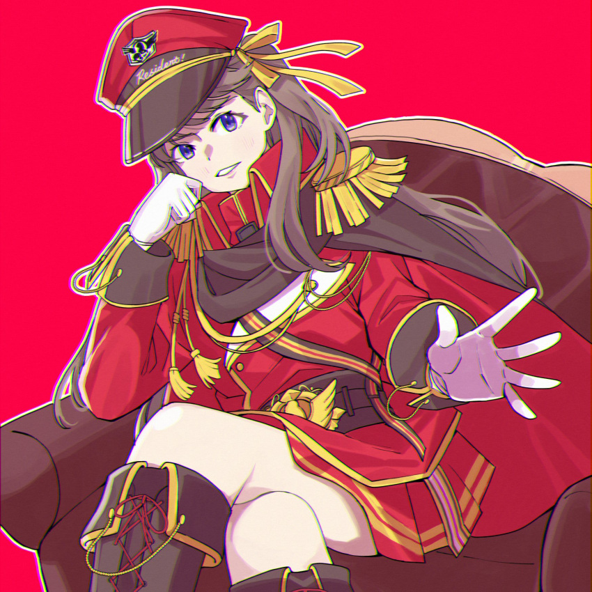 1girl, boots, breasts, brown_cape, brown_footwear, brown_hair, cape, collared_jacket