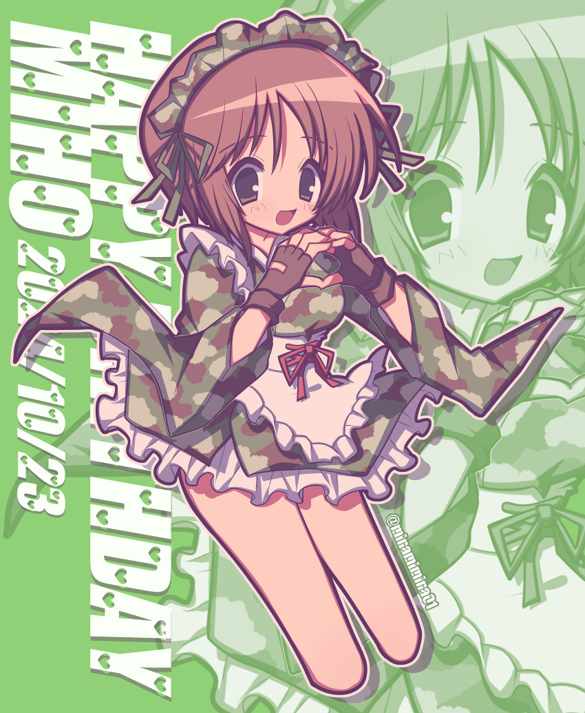 1girl, absurdres, apron, birthday, black_gloves, brown_eyes, brown_hair, camouflage_dress
