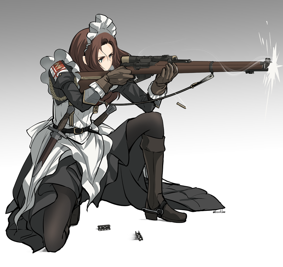 1girl, alternate_costume, apron, asterisk_kome, bullet, commentary, english_commentary, enmaided, firing, frilled_apron, frills, gina_wallace, gun, heroes_of_order, holding, maid, maid_apron, maid_headdress, rifle, shell_casing, sniper_rifle, sword, waist_apron, weapon, white_apron