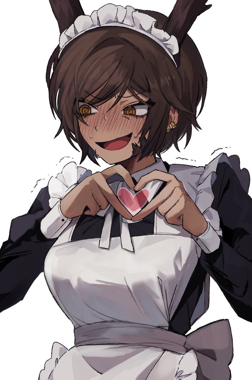 1girl, @_@, apron, arthropod_horns, black_dress, blush, breasts, brown_eyes