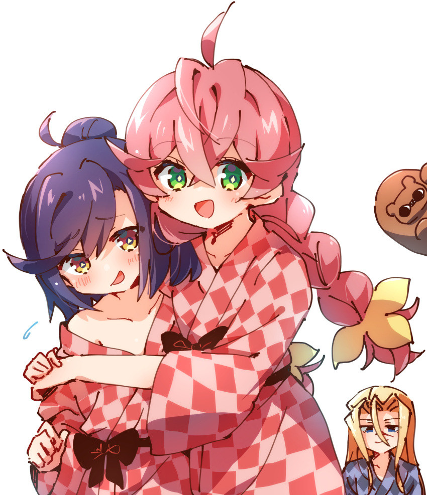 1boy, 2girls, ;d, absurdres, acro_trip, ahoge, arm_around_shoulder, bath_yukata