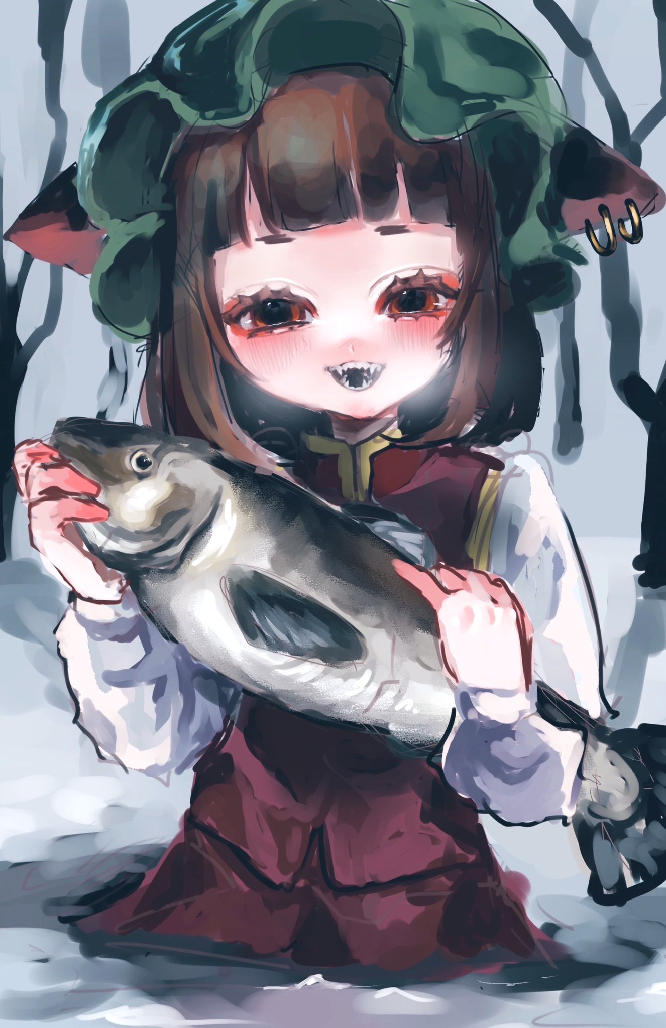 1girl, :d, animal, animal_ear_piercing, animal_ears, blunt_bangs, blush, bob_cut