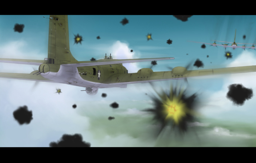 b-17, bomber, bullet_hole, cloud, clouds, damaged, explosion, flak