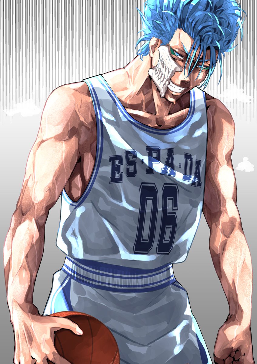 1boy, arrancar, ball, bare_shoulders, basketball, basketball_uniform, bleach, blue_eyes