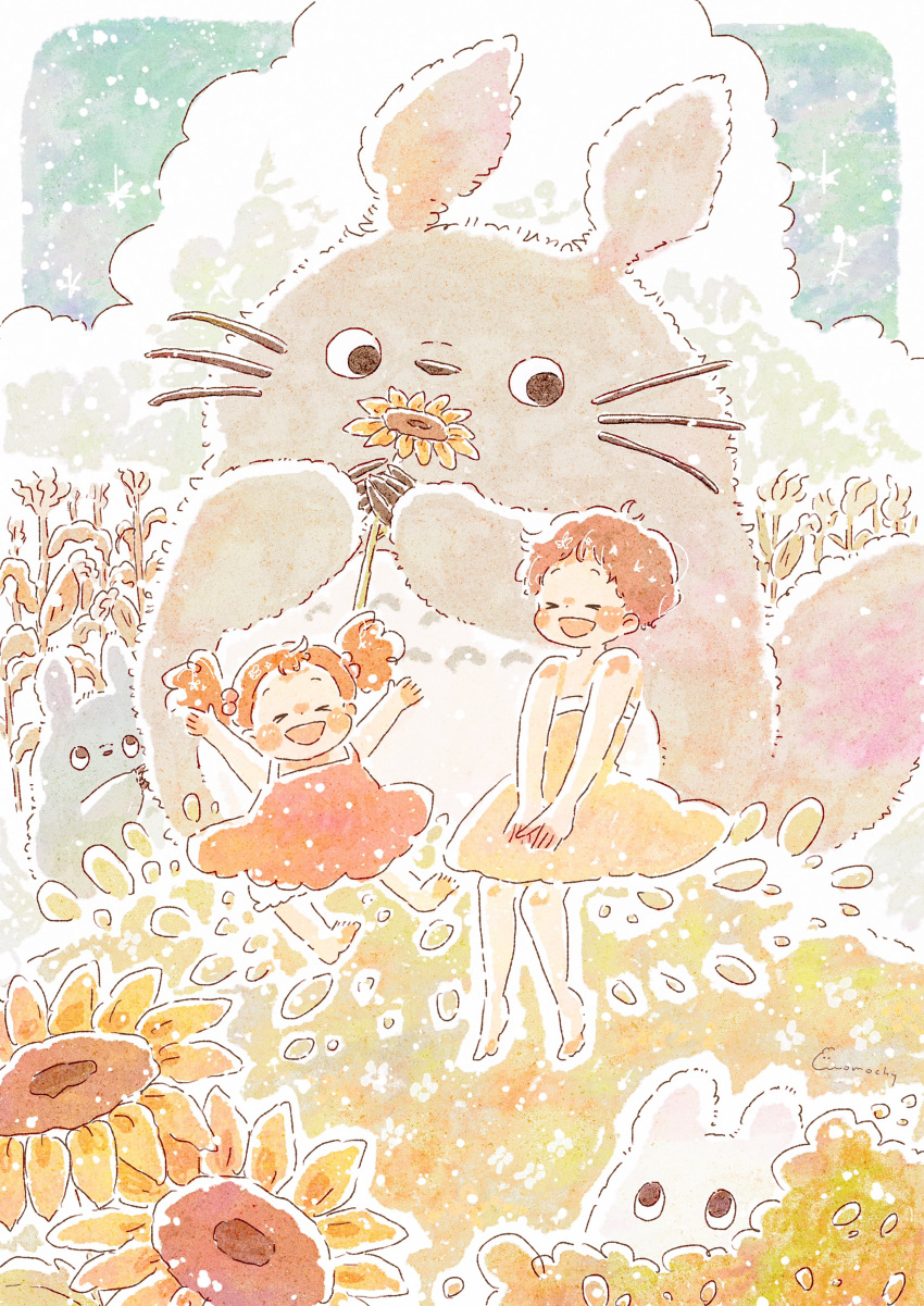 >_<, 2girls, absurdres, arms_up, brown_hair, chibi_totoro, child, chuu_totoro, closed_eyes, clouds, commentary, dress, flower, happy, highres, holding, holding_flower, kusakabe_mei, kusakabe_satsuki, momochy, multiple_girls, short_hair, sunflower, tonari_no_totoro, totoro, twintails, whiskers, yellow_dress