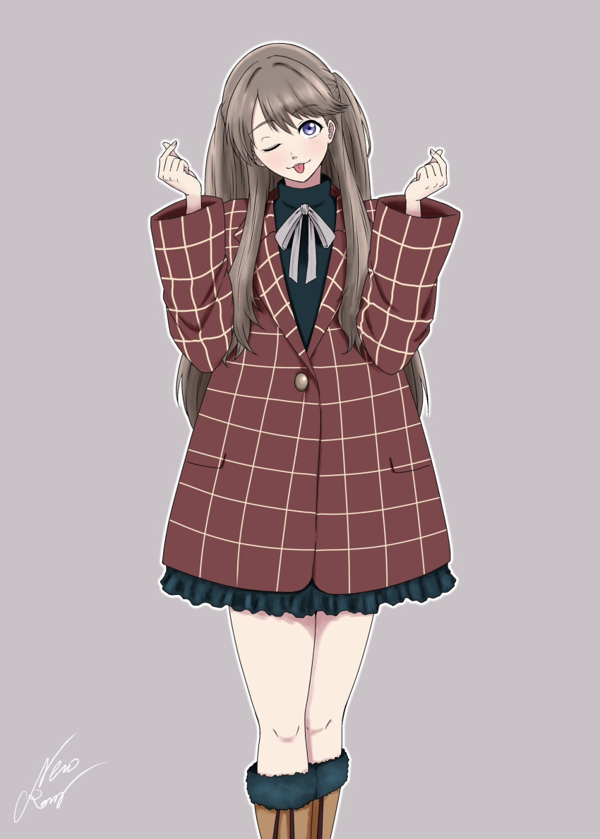 1girl, ;3, ;p, alternate_costume, black_sweater, brown_dress, brown_hair, casual