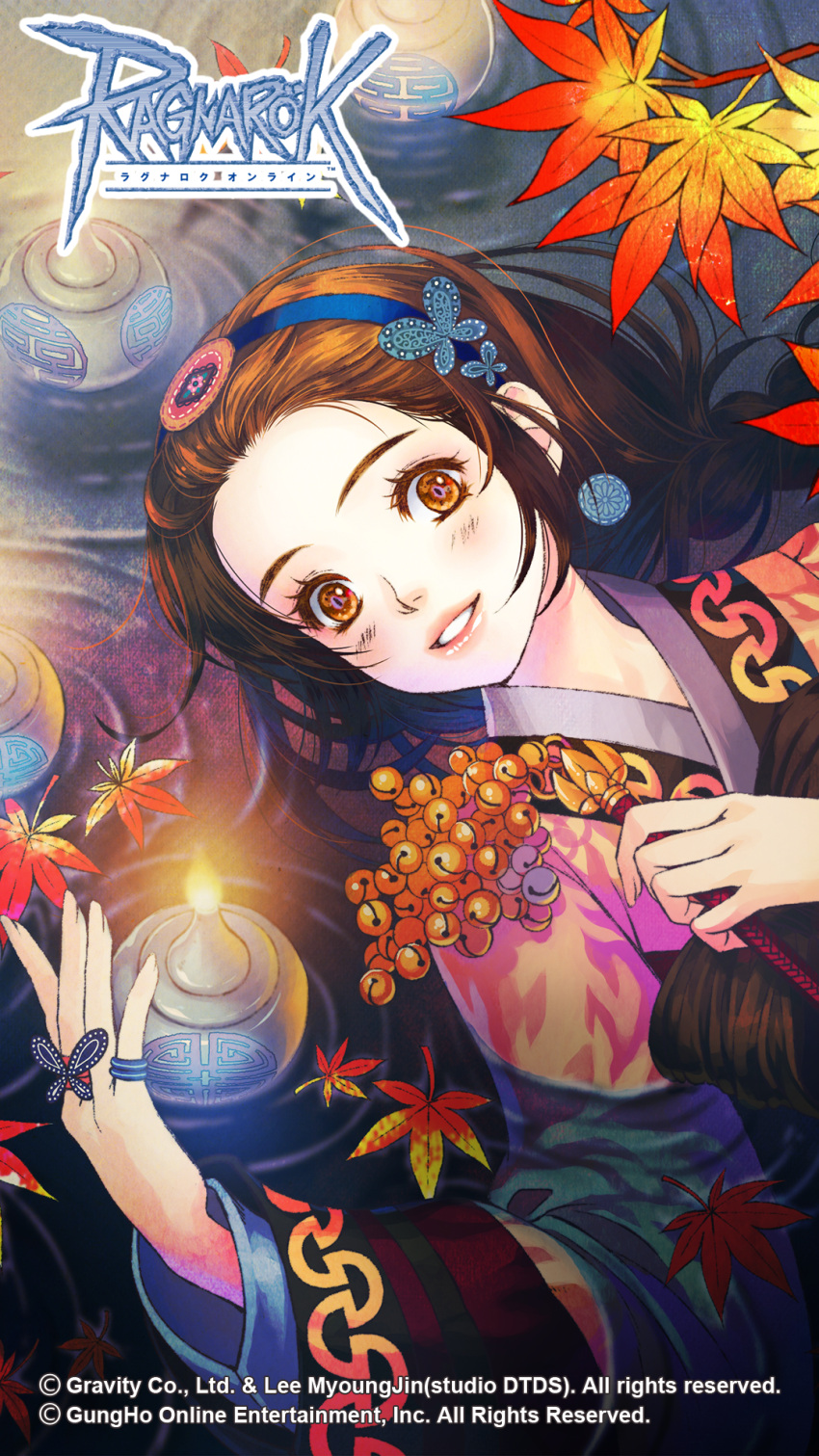 1girl, autumn_leaves, bangs_pinned_back, bell, black_bow, black_bowtie, blue_hairband, blush