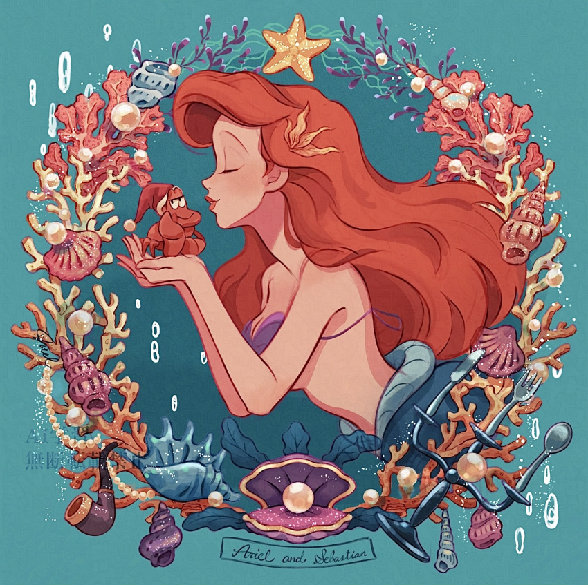1girl, air_bubble, animal, aqua_background, ariel_(disney), bare_arms, breasts, bubble