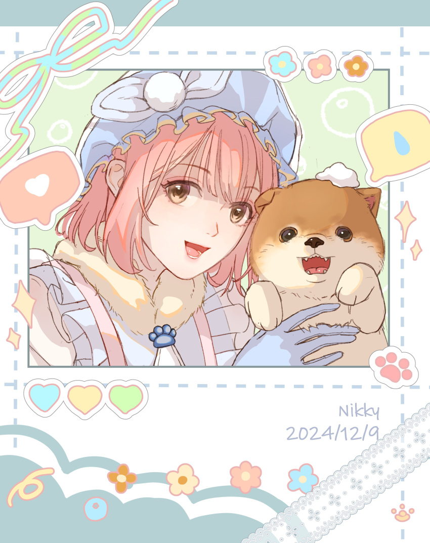 1girl, absurdres, animal, bare_shoulders, blue_bow, blue_flower, blue_gloves, blue_hat, blue_shirt, bow, brooch, brown_eyes, bubble, bye-bye_dust_(infinity_nikki), character_name, chinese_commentary, commentary_request, dated, dotted_line, eyelashes, floof_(infinity_nikki), flower, frilled_headwear, frilled_shirt, frills, fur_scarf, gloves, happy, hat, hat_bow, heart, highres, holding, holding_animal, infinity_nikki, jewelry, kejianshui857, looking_at_viewer, medium_hair, mob_cap, nikki_(nikki), nikki_(series), notebook, orange_flower, paw_print, pink_flower, pink_hair, pom_pom_hat_ornament, scarf, shiba_inu, shirt, sleeveless, sleeveless_shirt, soap, spoken_heart, spoken_sweatdrop, sweatdrop, typo, upper_body, white_background, white_flower, yellow_scarf