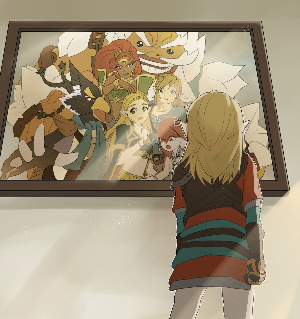 3boys, 3girls, armor, bandana, belt, bird_boy, blonde_hair, blue_dress