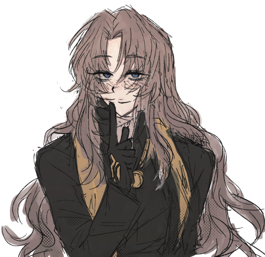 1girl, black_coat, black_gloves, blue_eyes, blush, brown_hair, closed_mouth, coat