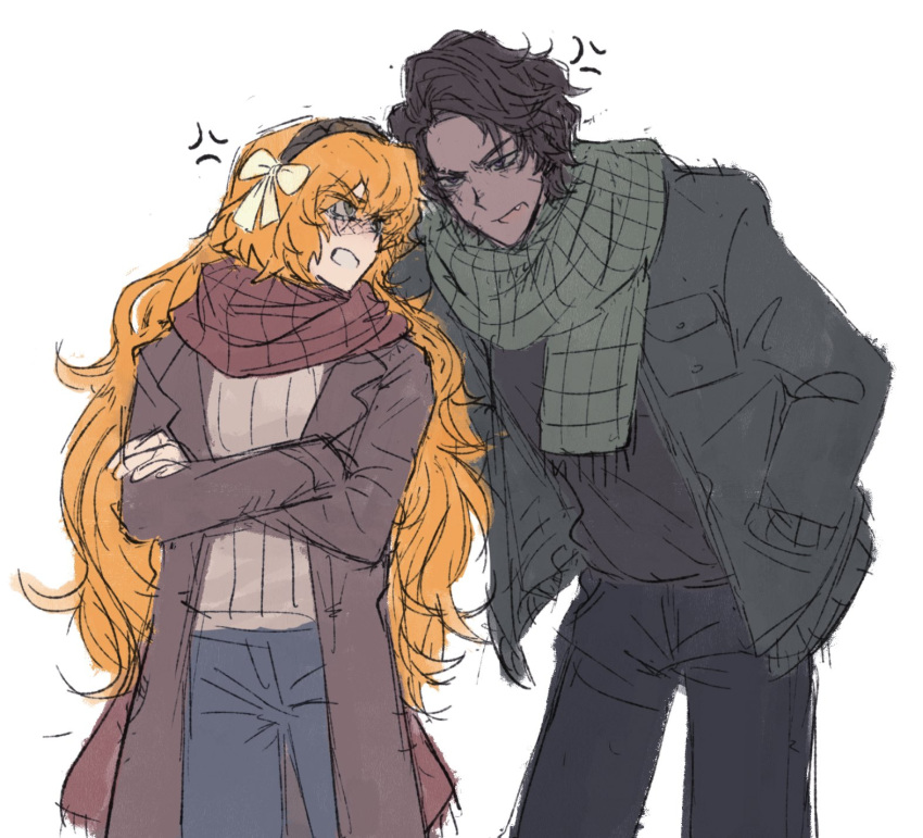 1boy, 1girl, anger_vein, arguing, black_pants, black_shirt, blue_pants, bow