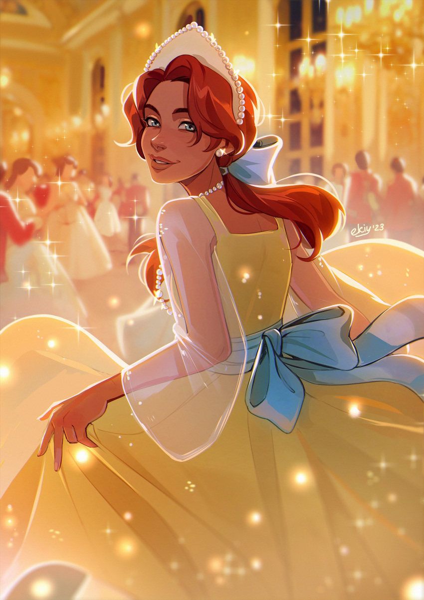 1girl, absurdres, anastasia_(1997), anya_(anastasia), blue_bow, blue_eyes, bow, chandelier, crown, dress, earrings, ekikeki, hair_bow, hashtag-only_commentary, highres, indoors, jewelry, looking_back, necklace, pearl_necklace, people, ponytail, redhead, see-through_clothes, see-through_sleeves, signature, skirt_hold, smile, sparkle, yellow_dress