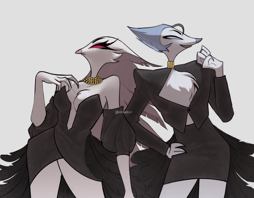 1boy, 1girl, andrealphus_(helluva_boss), beak, bird_boy, bird_girl, black_dress, breasts