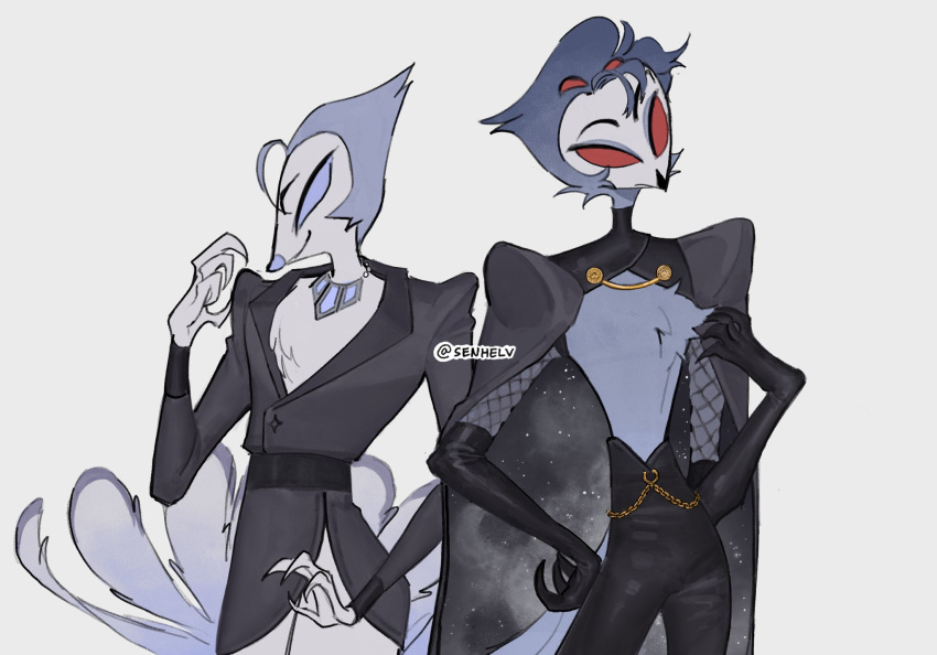 2boys, andrealphus_(helluva_boss), bird_boy, black_suit, blue_eyes, blue_hair, demon_boy, feathers