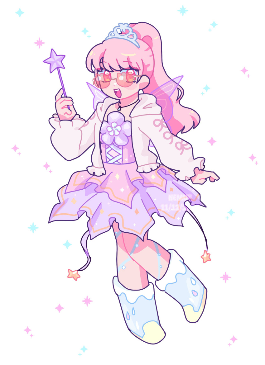 absurdres, blue_footwear, blunt_bangs, boots, crown, dress, english_commentary, fairy