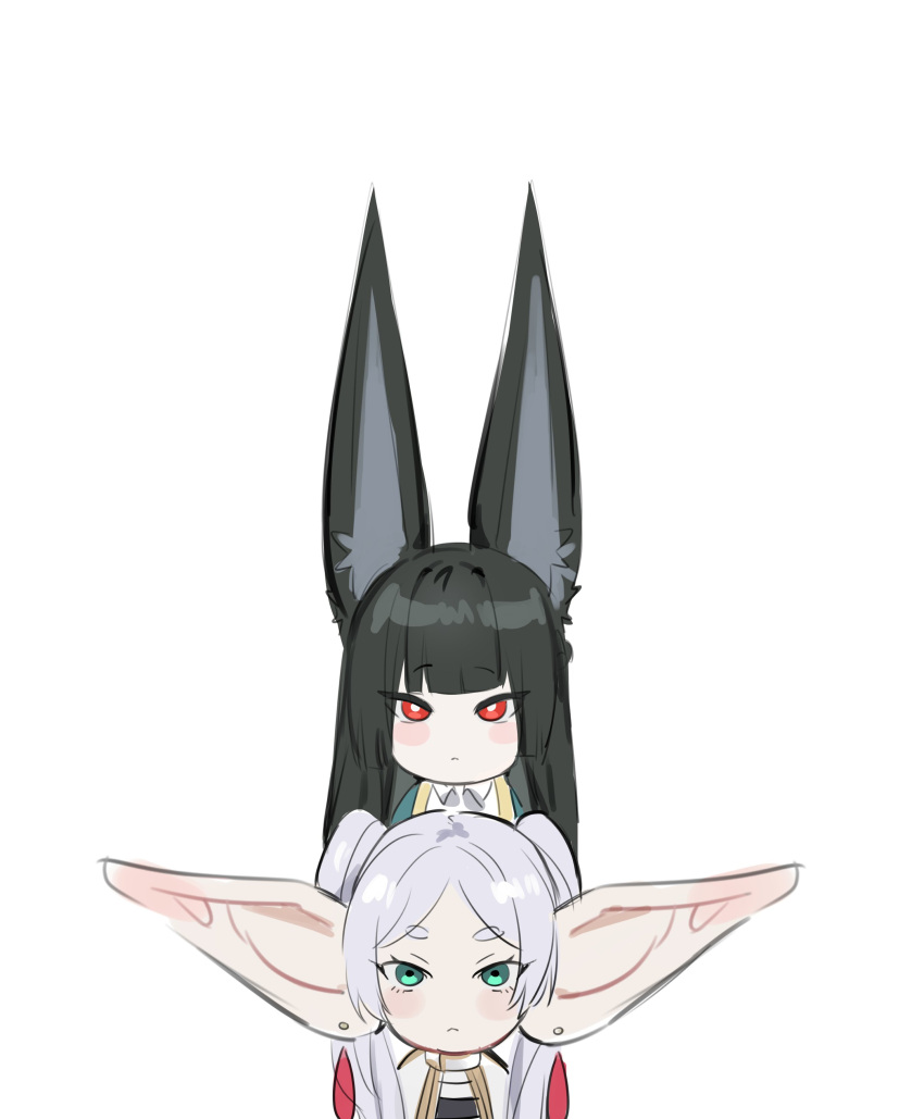 2girls, absurdres, aqua_eyes, black_hair, character_request, copyright_request, earrings, elf