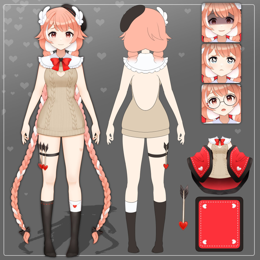 1girl, arrow_(projectile), backless_outfit, bare_back, beret, birthmark, black_socks, blanket, braid, cable_knit, cleavage_cutout, clothing_cutout, collar, crying, dress, expressions, feathered_wings, frilled_collar, frills, full_body, hat, head_wings, heart, heart-shaped_pupils, heart_cutout, highres, holster, indie_virtual_youtuber, long_hair, multicolored_hair, nail_polish, pillowdear, pillowdear_(1st_costume), pillowdear_(artist), pink_eyes, pink_hair, red_ribbon, reference_sheet, ribbon, round_eyewear, shadow, sleeveless, sleeveless_sweater, smile, socks, standing, straight-on, sweater, sweater_dress, symbol-shaped_pupils, thigh_holster, twin_braids, two-tone_hair, very_long_hair, virtual_youtuber, wings, yandere