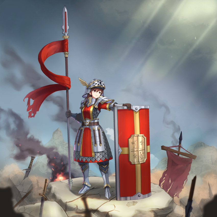 1girl, absurdres, arm_armor, armor, armored_boots, banner, battlefield, boots