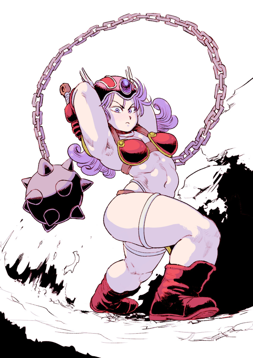 1girl, armor, armpits, bikini_armor, boots, choker, colored_with_greyscale_background, curvy, dragon_quest, dragon_quest_iii, dynamic_pose, flail, full_body, guretsuo, helmet, highres, holding, holding_weapon, long_hair, motion_lines, navel, nipples, plump, purple_hair, red_armor, solo, swinging_weapon, thick_thighs, thighs, violet_eyes, warrior, warrior_(dq3), wavy_hair, weapon, wide_hips, winged_helmet
