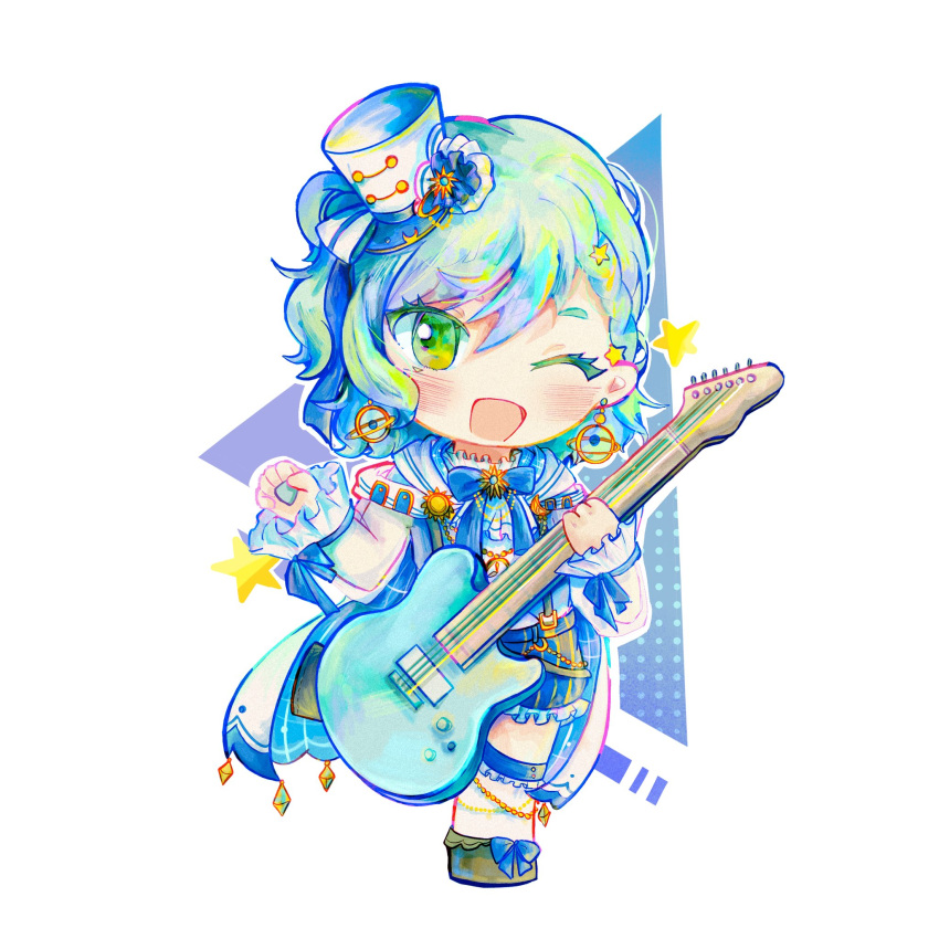 1girl, bang_dream!, blue_hat, blue_ribbon, blue_shorts, blush, chibi, commentary