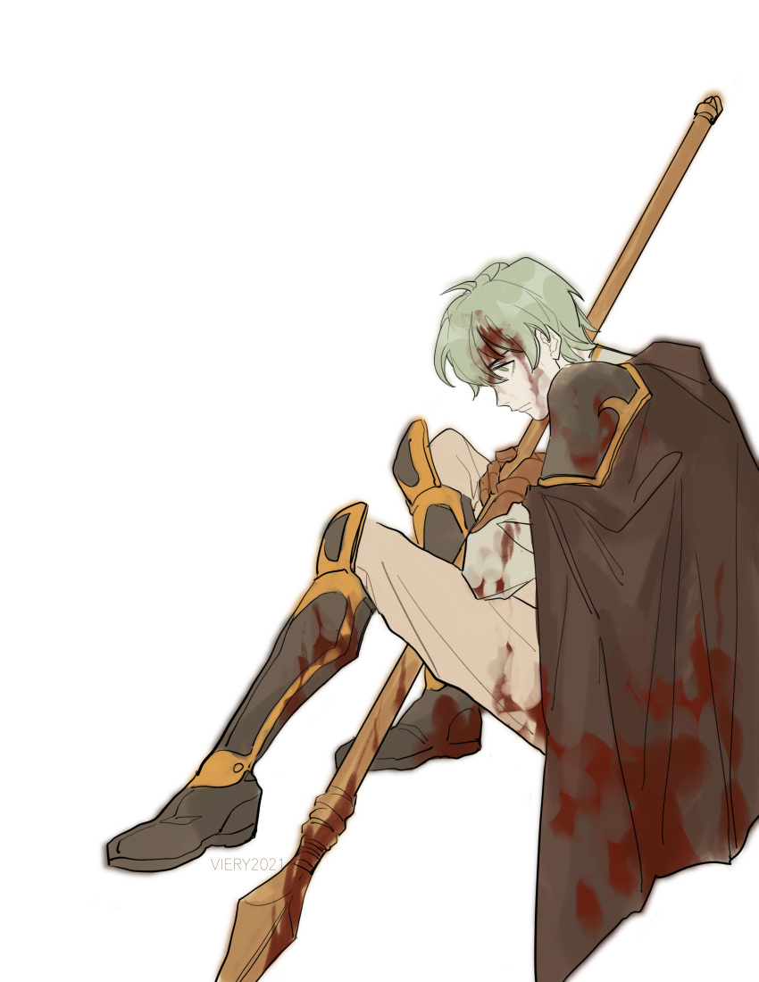 226918, absurdres, armor, artist_name, black_cape, black_footwear, blood, blood_in_hair, blood_on_clothes, blood_on_face, blood_on_weapon, boots, brown_gloves, cape, closed_mouth, ephraim_(fire_emblem), fire_emblem, fire_emblem:_three_houses, gloves, green_eyes, green_hair, highres, holding, holding_polearm, holding_weapon, hunched_over, knee_boots, knees_up, looking_down, male_focus, pants, pauldrons, polearm, serious, shirt, shoulder_armor, simple_background, sitting, solo, v-shaped_eyebrows, weapon, white_background, white_pants, white_shirt, wide-eyed