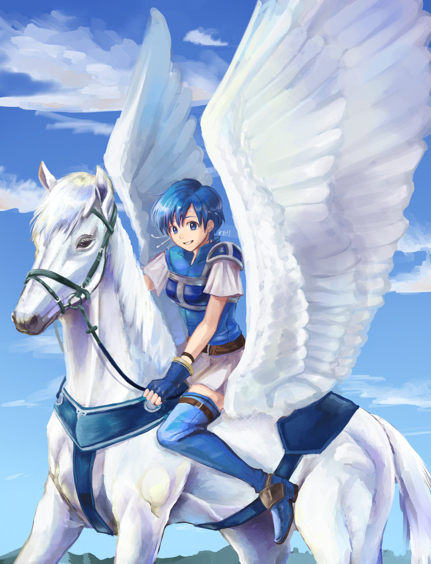1girl, absurdres, armor, belt, blue_eyes, blue_footwear, blue_hair, blue_sky