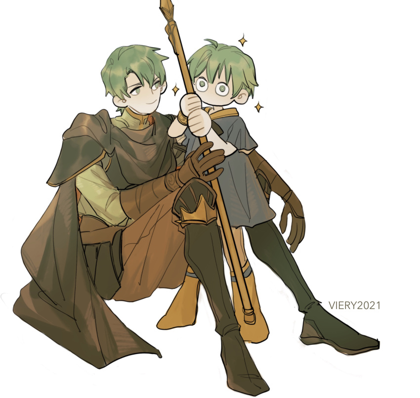 226918, 2boys, absurdres, aged_down, ahoge, armor, artist_name, black_footwear, blue_tunic, boots, bracelet, breastplate, brown_cape, brown_footwear, brown_gloves, brown_leggings, brown_pants, cape, chibi, child, curtained_hair, ephraim_(fire_emblem), ephraim_(twin_refulgence)_(fire_emblem), fire_emblem, fire_emblem:_the_sacred_stones, fire_emblem_heroes, full_body, gloves, gold_bracelet, green_eyes, green_hair, hair_between_eyes, highres, holding, holding_polearm, holding_weapon, jewelry, knee_boots, knees_up, leggings, long_sleeves, looking_at_another, male_focus, multiple_boys, no_mouth, pants, parted_bangs, pauldrons, polearm, short_hair, short_sleeves, shoulder_armor, simple_background, sitting, smile, sparkle, time_paradox, tunic, v-shaped_eyebrows, weapon, white_background