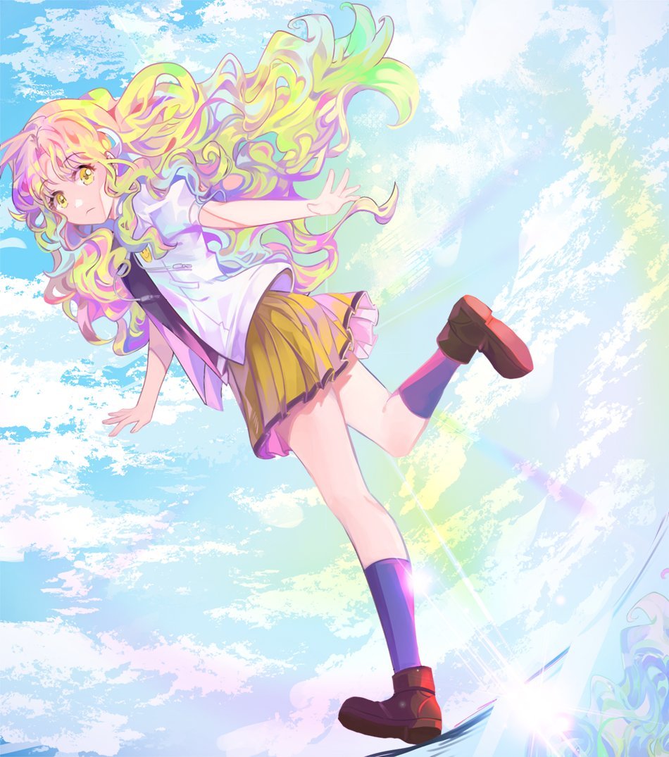 1girl, brown_footwear, carrot_gaimee, closed_mouth, commentary_request, eiyuu_densetsu, green_hair, hajimari_no_kiseki