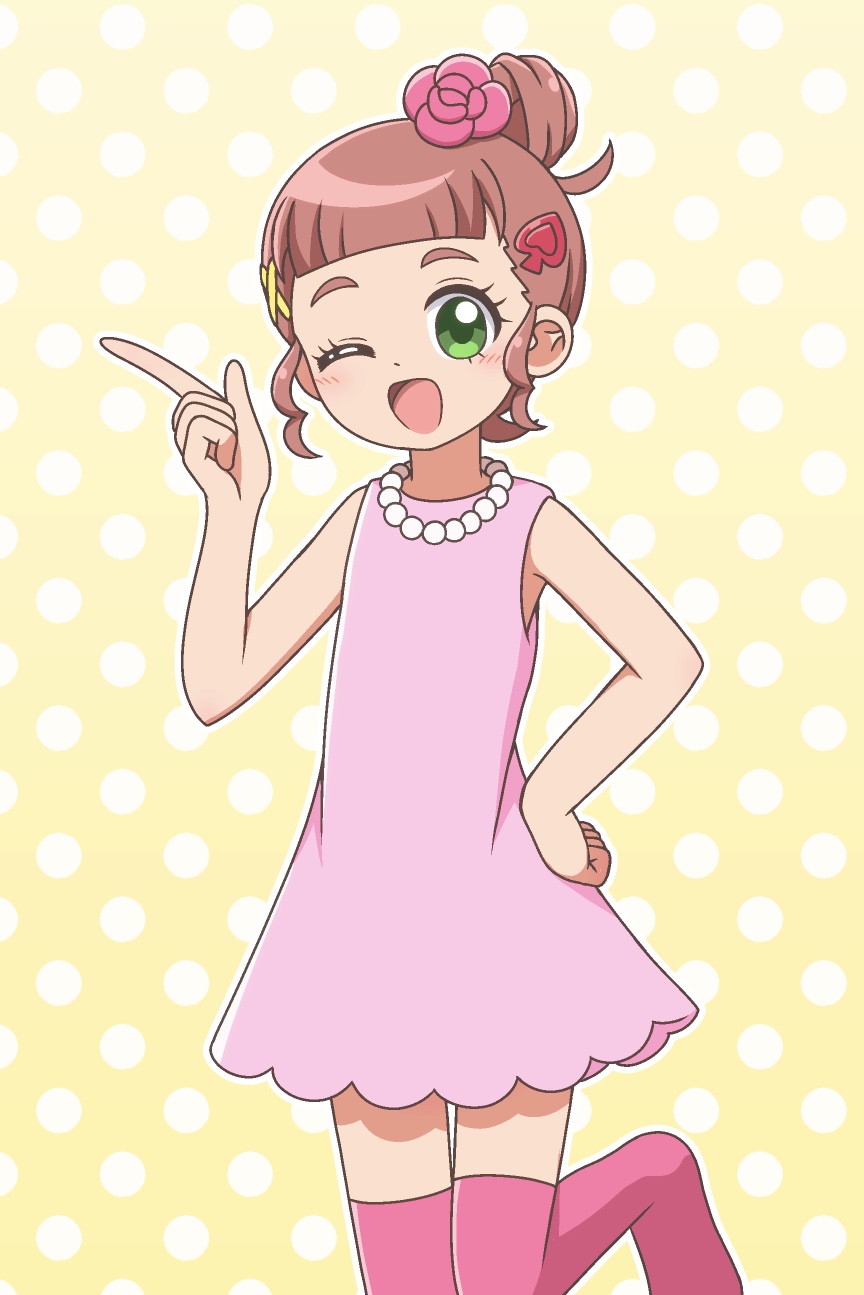 1girl, ;d, bandai, bead_necklace, beads, blush, broadcaster_connection, brown_hair