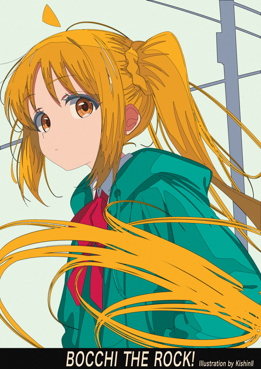1girl, absurdres, ahoge, artist_name, blonde_hair, bocchi_the_rock!, bow, bowtie, brown_eyes, cable, collared_shirt, commentary, copyright_name, detached_ahoge, from_side, green_jacket, hands_in_pockets, highres, hood, hood_down, hooded_jacket, ijichi_nijika, jacket, kishin, long_hair, long_sleeves, looking_at_viewer, outdoors, red_bow, red_bowtie, shirt, side_ponytail, sidelocks, solo, turning_head, upper_body, utility_pole, very_long_hair, white_shirt