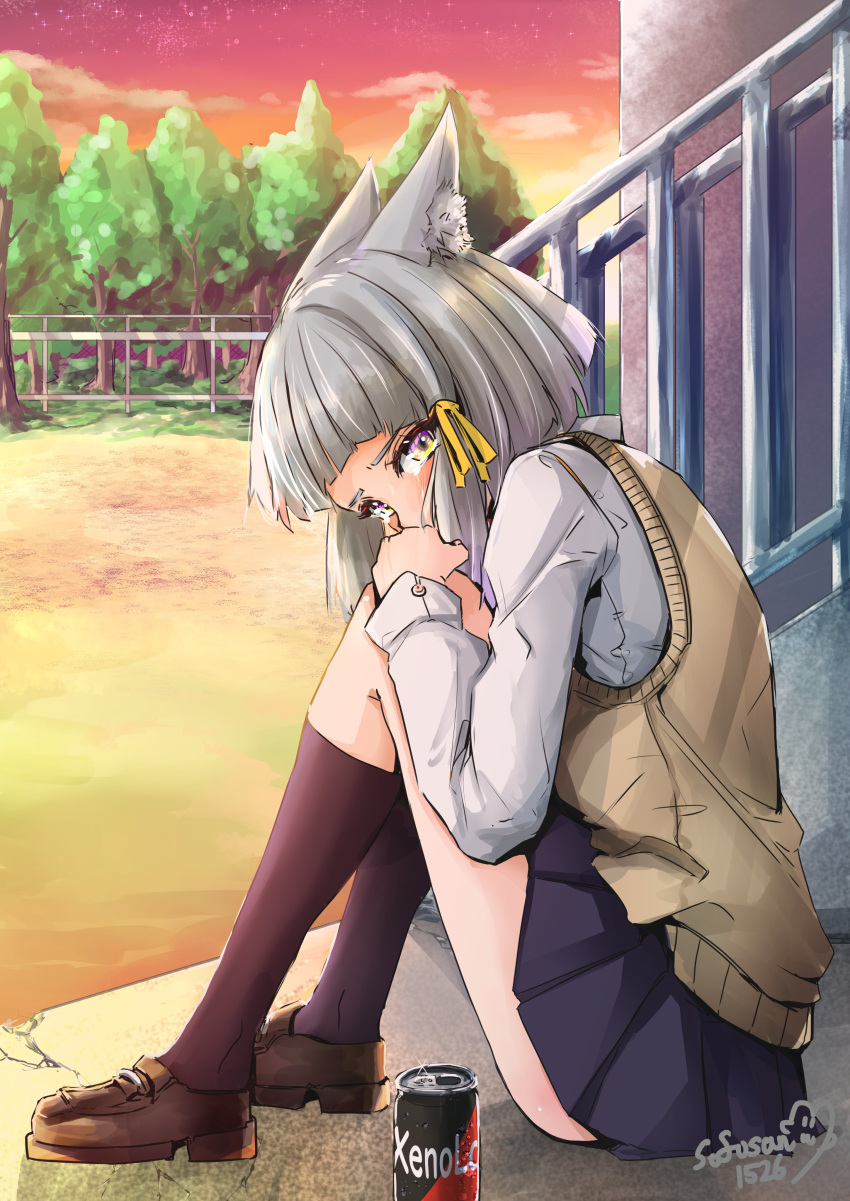 1girl, absurdres, alternate_costume, animal_ears, black_socks, blue_skirt, brown_footwear, can