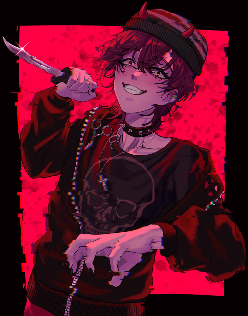 1other, black_border, black_hair, black_nails, border, caramel_(pinkbutchart), choker, chromatic_aberration