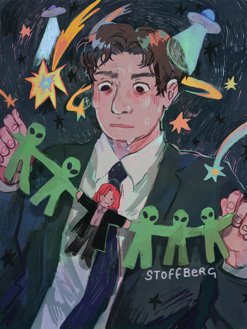 1boy, alien, black_eyes, black_jacket, dana_scully, fox_mulder, highres, jacket