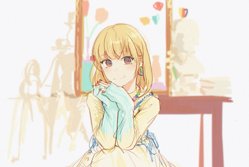 1girl, blonde_hair, blue_nails, blush, brown_eyes, closed_mouth, commentary, earrings