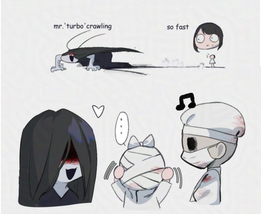 1boy, 2girls, bandaged_head, bandages, black_hair, black_kimono, blood, blood_on_bandages