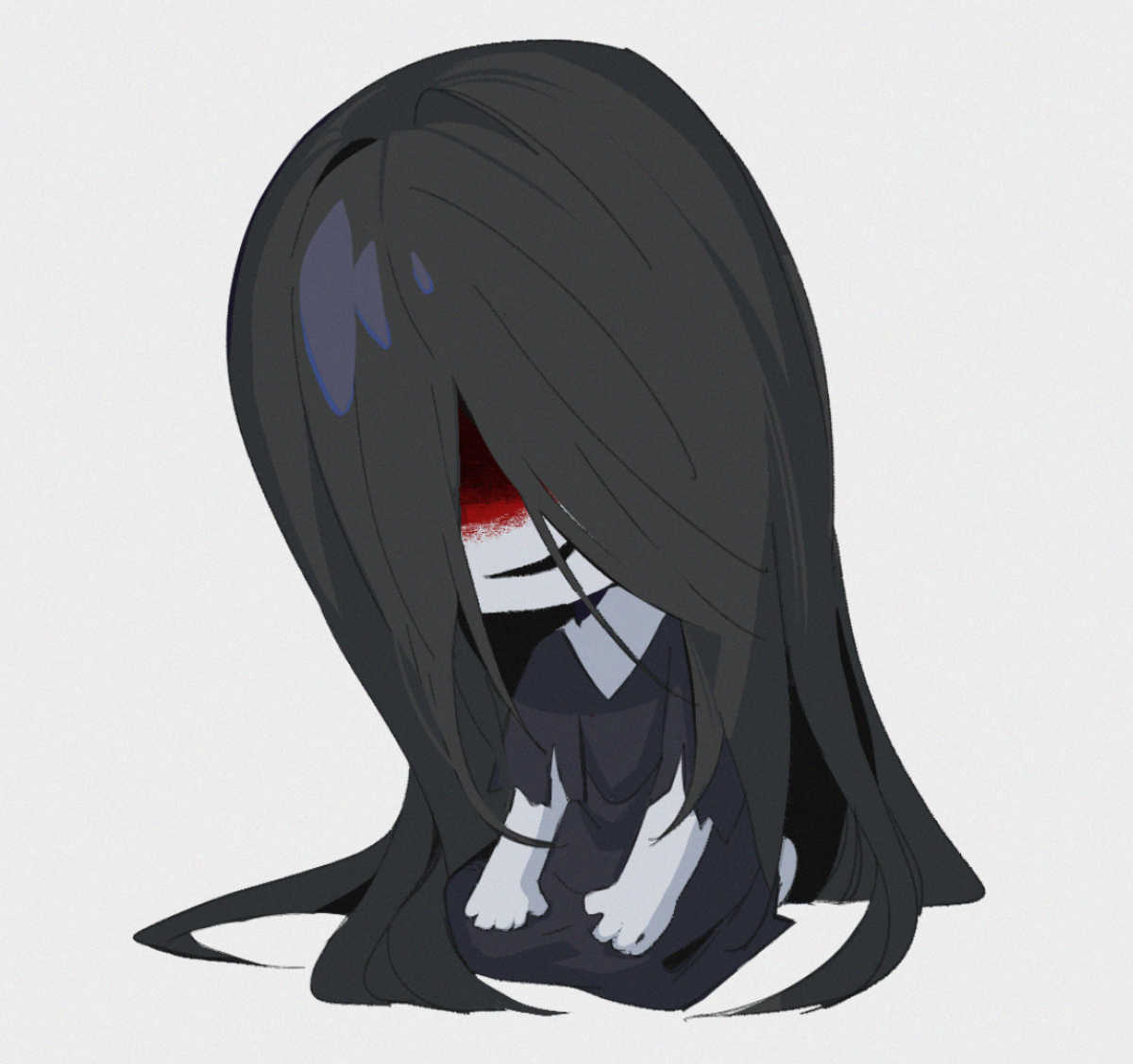 1boy, black_hair, black_kimono, blood, blood_on_face, chibi, full_body, grey_background