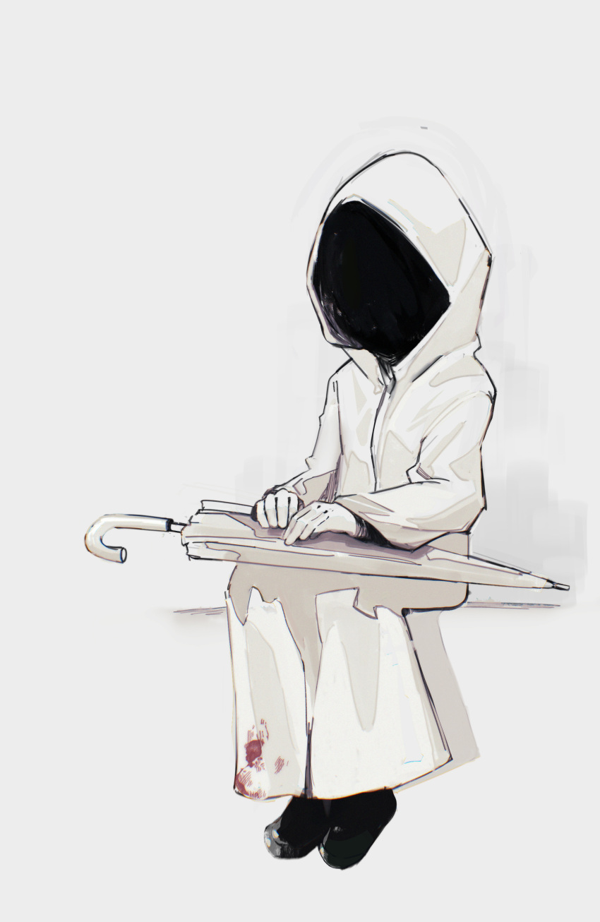 1girl, absurdres, blood, blood_on_clothes, full_body, grey_background, heroine_(homicipher), highres