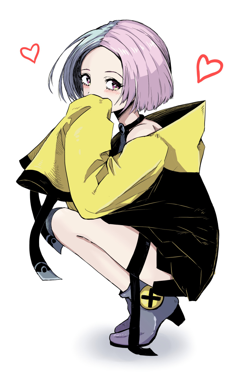 1girl, absurdres, alternate_hairstyle, blue_hair, blush, commentary_request, covering_own_mouth, eyelashes, from_side, full_body, grey_footwear, heart, high_heels, highres, iono_(pokemon), jacket, multicolored_hair, pink_eyes, pink_hair, pokemon, pokemon_sv, simple_background, sleeves_past_fingers, sleeves_past_wrists, solo, split-color_hair, squatting, swtr3355, two-tone_hair, white_background, yellow_jacket