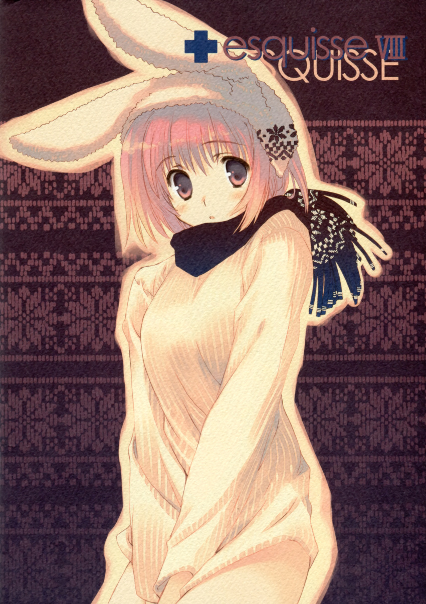 animal_ears, brown_eyes, brown_hair, bunny_ears, hat, high_res, highres, kemonomimi, mitsumi_misato, original, scarf, short_hair, solo, sweater, usamimi