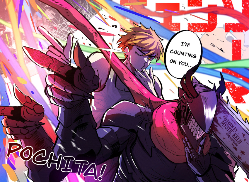 absurdres, artist_name, chainsaw_devil, chainsaw_man, denji_(chainsaw_man), extra_arms, hand_on_own_chin, highres