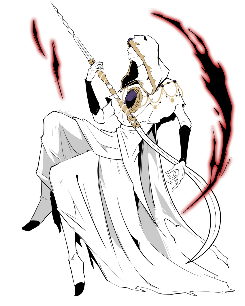 1boy, aura, capelet, chinese_commentary, closed_mouth, colored_skin, commentary_request, dark_aura, elden_ring, full_body, gem, godskin_apostle, gold_trim, highres, holding_sickle, kudoliya_art, male_focus, purple_gemstone, simple_background, solo, white_background, white_capelet, white_hood, white_skin