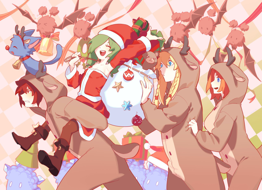 2boys, 2girls, :d, animal_costume, animal_hood, anna_(epic_battle_fantasy), bare_shoulders, bat_(animal)