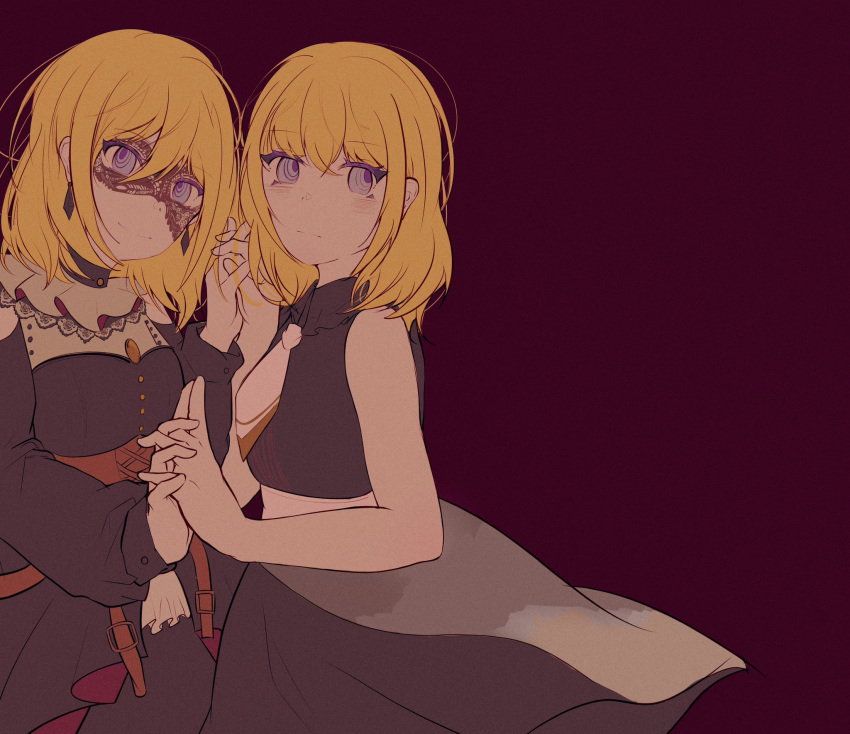 2girls, bang_dream!, bang_dream!_it's_mygo!!!!!, black_dress, black_mask, blonde_hair, blush, brown_corset